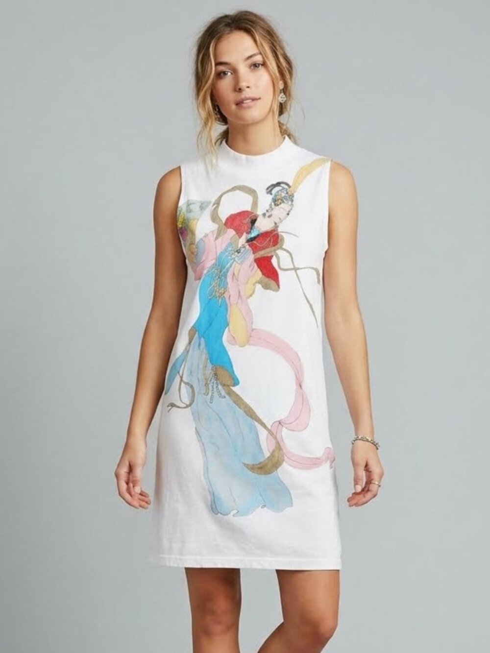 S Vintage 1980s Justin Allen Hand Painted Geisha Loose Tee Shirt Dress 80s